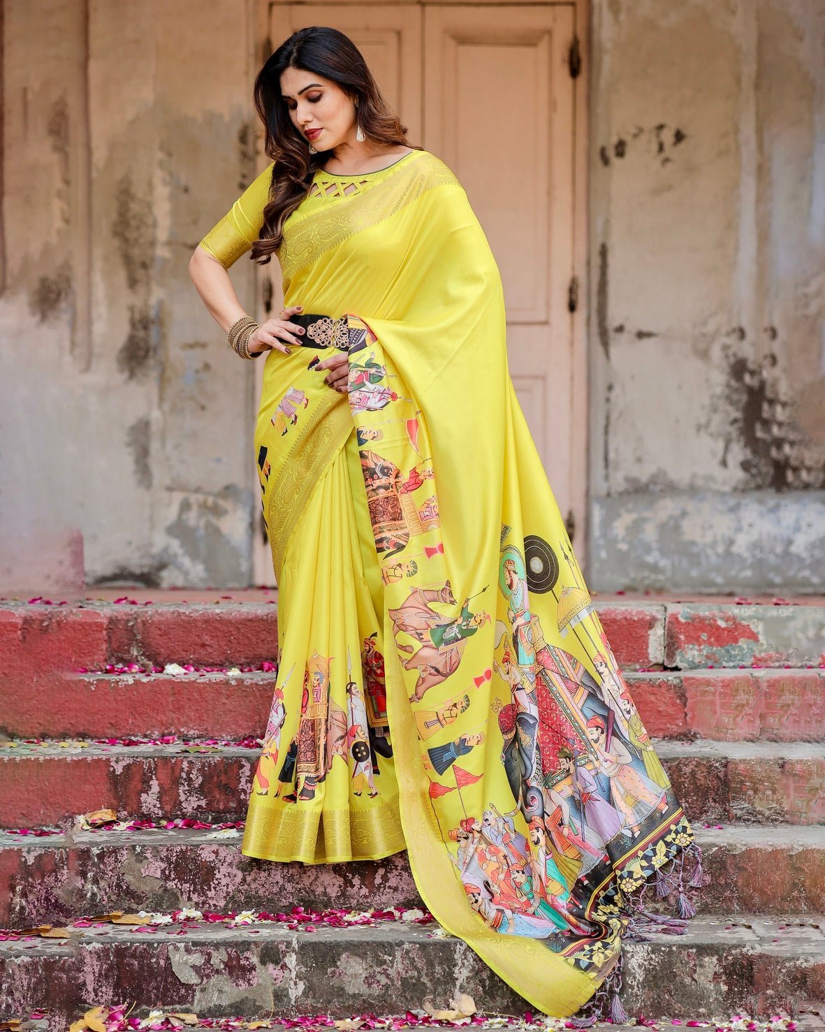 Vibrant Yellow Tussar Silk Saree with Royal Procession Pallu and Zari Accents Secondary image