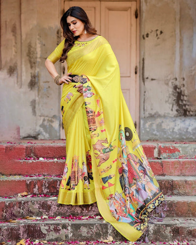 Vibrant Yellow Tussar Silk Saree with Royal Procession Pallu and Zari Accents DIGITAL PRINT