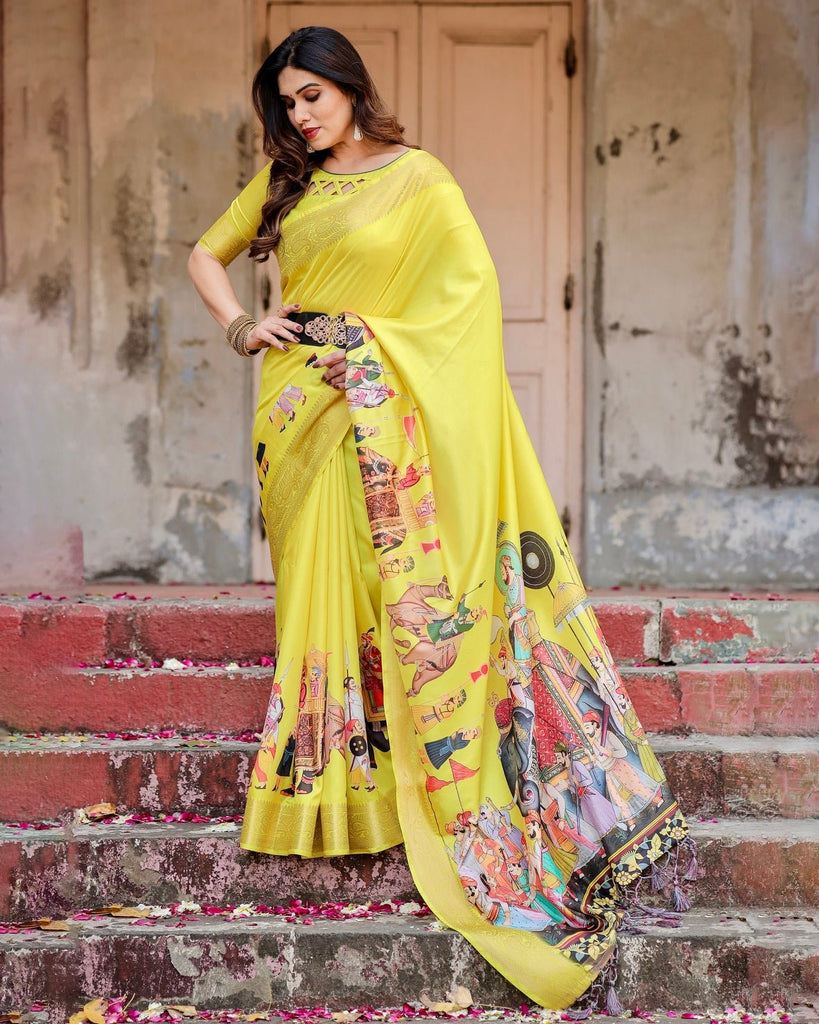 Vibrant Yellow Tussar Silk Saree with Royal Procession Pallu and Zari Accents DIGITAL PRINT