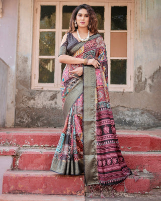 Multicolor Tussar Silk Saree with Ornamental Patchwork and Olive Zari Border DIGITAL PRINT