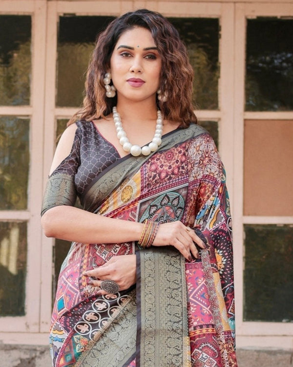 Multicolor Tussar Silk Saree with Ornamental Patchwork and Olive Zari Border DIGITAL PRINT