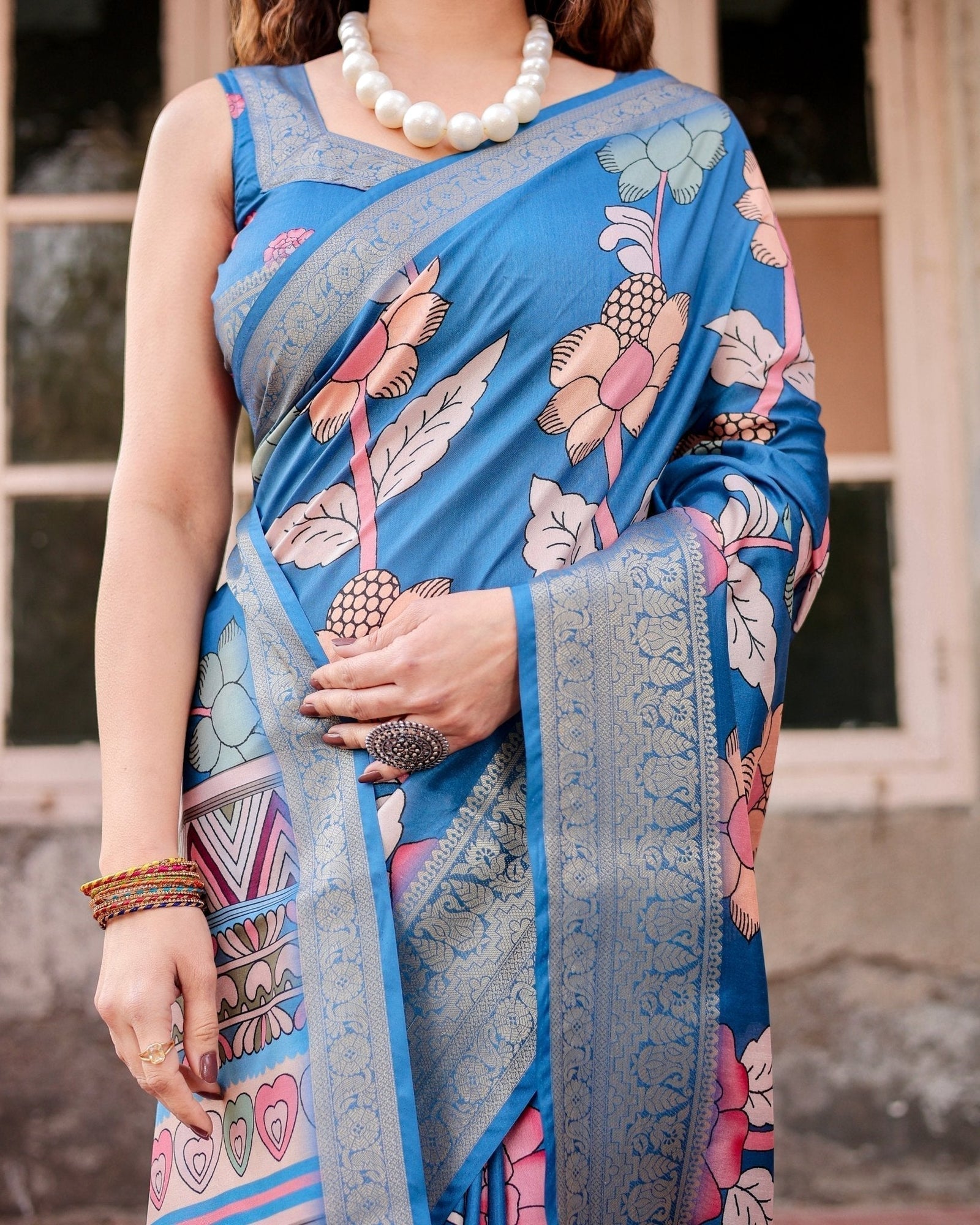Sky Blue Tussar Silk Saree with Bold Floral Motifs and Chevron Pallu Design DIGITAL PRINT