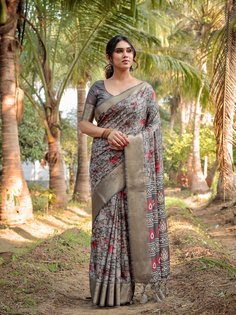 Stunning Grey Tussar Silk Saree with Golden Zari Border and Mosaic-Inspired Pallu Design DIGITAL PRINT