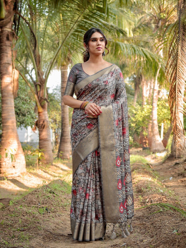 Stunning Grey Tussar Silk Saree with Golden Zari Border and Mosaic-Inspired Pallu Design DIGITAL PRINT