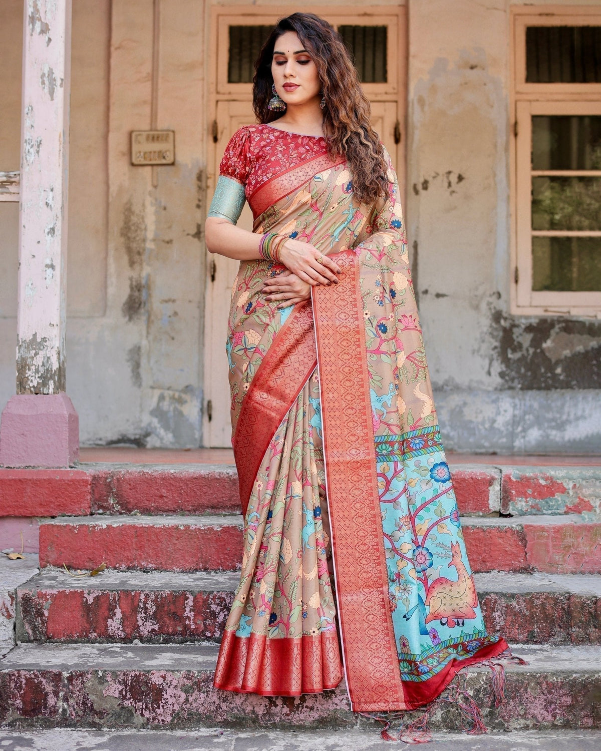 Beige Tussar Silk Saree with Vibrant Multicolor Floral Prints and Red Zari Border DIGITAL PRINT Main image