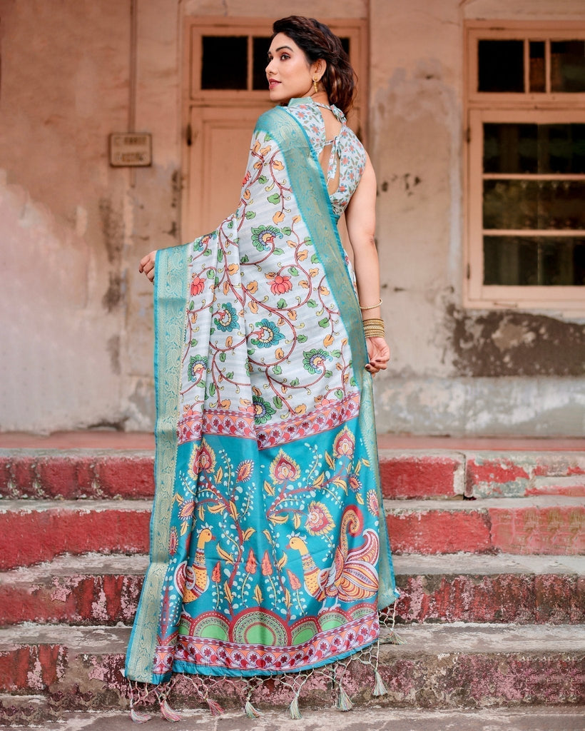 Sky Blue Tussar Silk Saree with Multicolor Floral Design and Zari Paisley Border DIGITAL PRINT