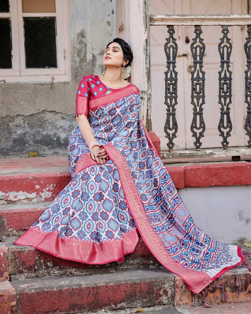 White and Red Tussar Silk Saree with Vibrant Floral Geometric Motifs and Ornamental Zari Border DIGITAL PRINT