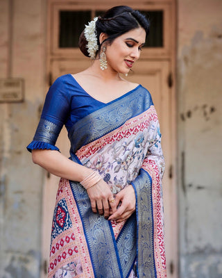 Ivory and Navy Blue Tussar Silk Saree with Floral Elegance and Ornamental Zari Work DIGITAL PRINT