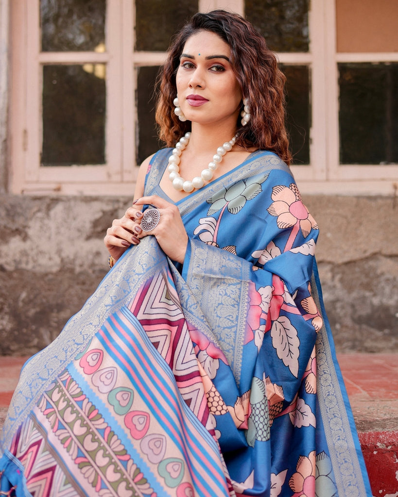 Sky Blue Tussar Silk Saree with Bold Floral Motifs and Chevron Pallu Design DIGITAL PRINT