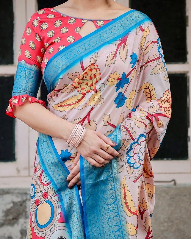 Beige and Red Tussar Silk Saree with Divine Motifs and Floral Zari Border DIGITAL PRINT