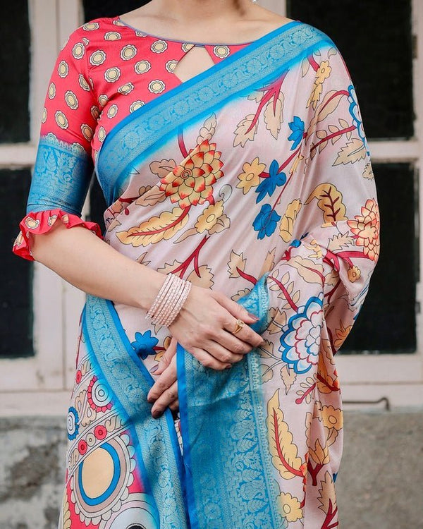 Beige and Red Tussar Silk Saree with Divine Motifs and Floral Zari Border DIGITAL PRINT