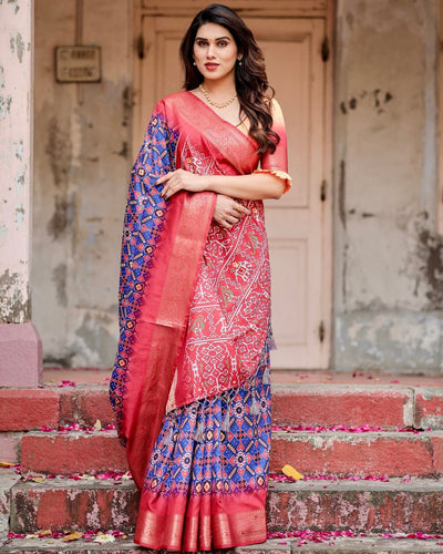 Royal Blue and Red Tussar Silk Saree with Geometric Patterns and Ornate Zari Border DIGITAL PRINT