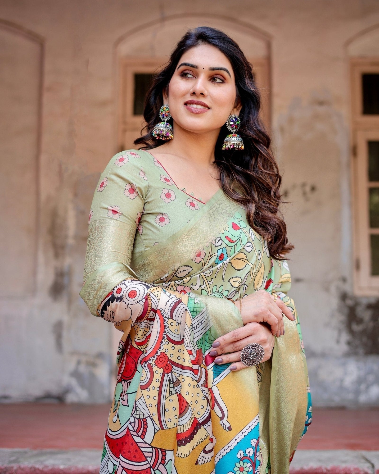 Pastel Green Tussar Silk Saree with Mythological Kalamkari Pallu and Zari Border DIGITAL PRINT