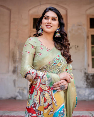 Pastel Green Tussar Silk Saree with Mythological Kalamkari Pallu and Zari Border DIGITAL PRINT