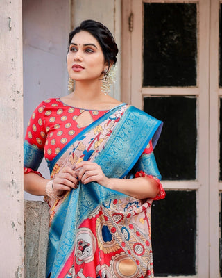 Beige and Red Tussar Silk Saree with Divine Motifs and Floral Zari Border DIGITAL PRINT