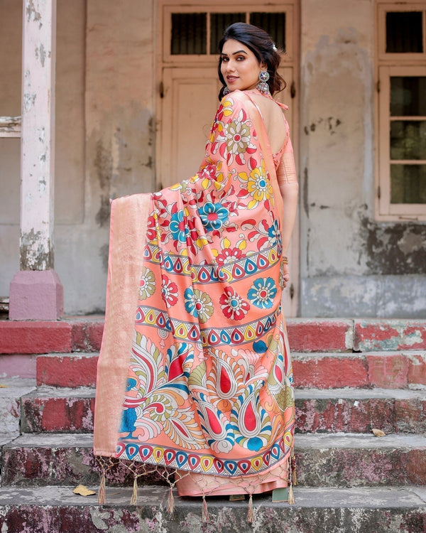 Peach Tussar Silk Saree with Vibrant Floral Kalamkari and Zari Highlights DIGITAL PRINT