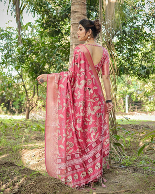Vibrant Pink Tussar Silk Saree with Intricate Zari Border and Modern Floral Pallu DIGITAL PRINT