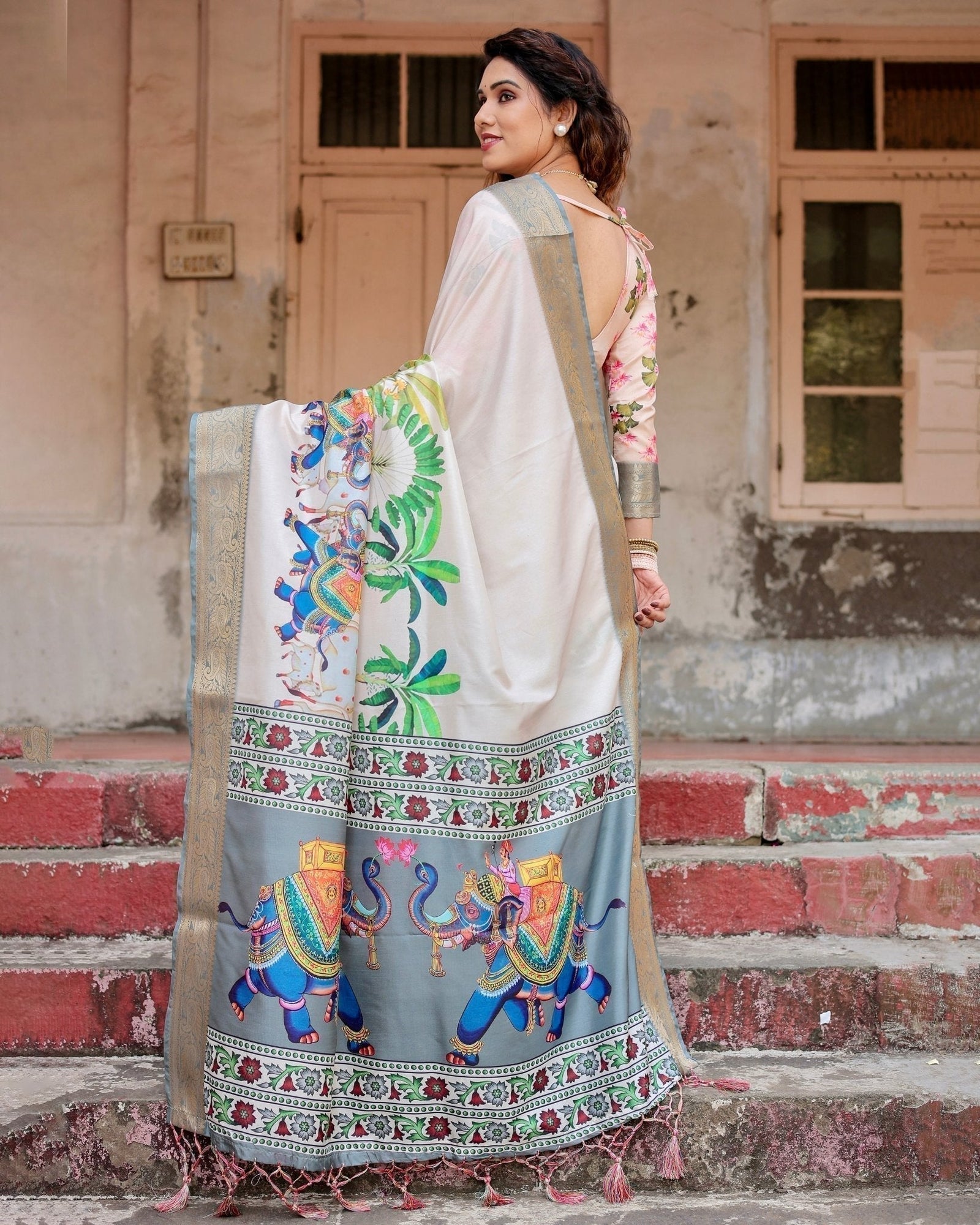 Ivory Tussar Silk Saree with Handcrafted Elephant Motif Pallu and Golden Zari Border DIGITAL PRINT
