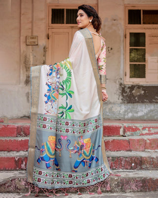 Ivory Tussar Silk Saree with Handcrafted Elephant Motif Pallu and Golden Zari Border DIGITAL PRINT