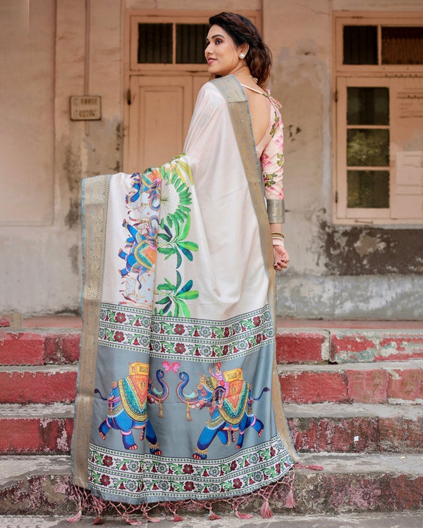 Ivory Tussar Silk Saree with Handcrafted Elephant Motif Pallu and Golden Zari Border DIGITAL PRINT