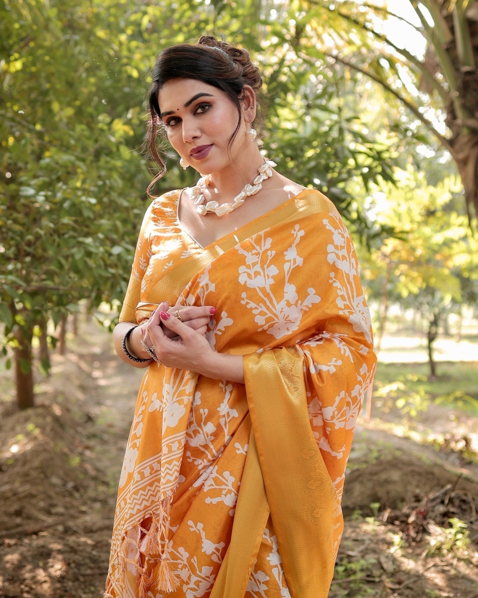 Sunshine Yellow Tussar Silk Saree with White Floral Motifs, Lustrous Zari Border, and Graceful Tassel Pallu DIGITAL PRINT