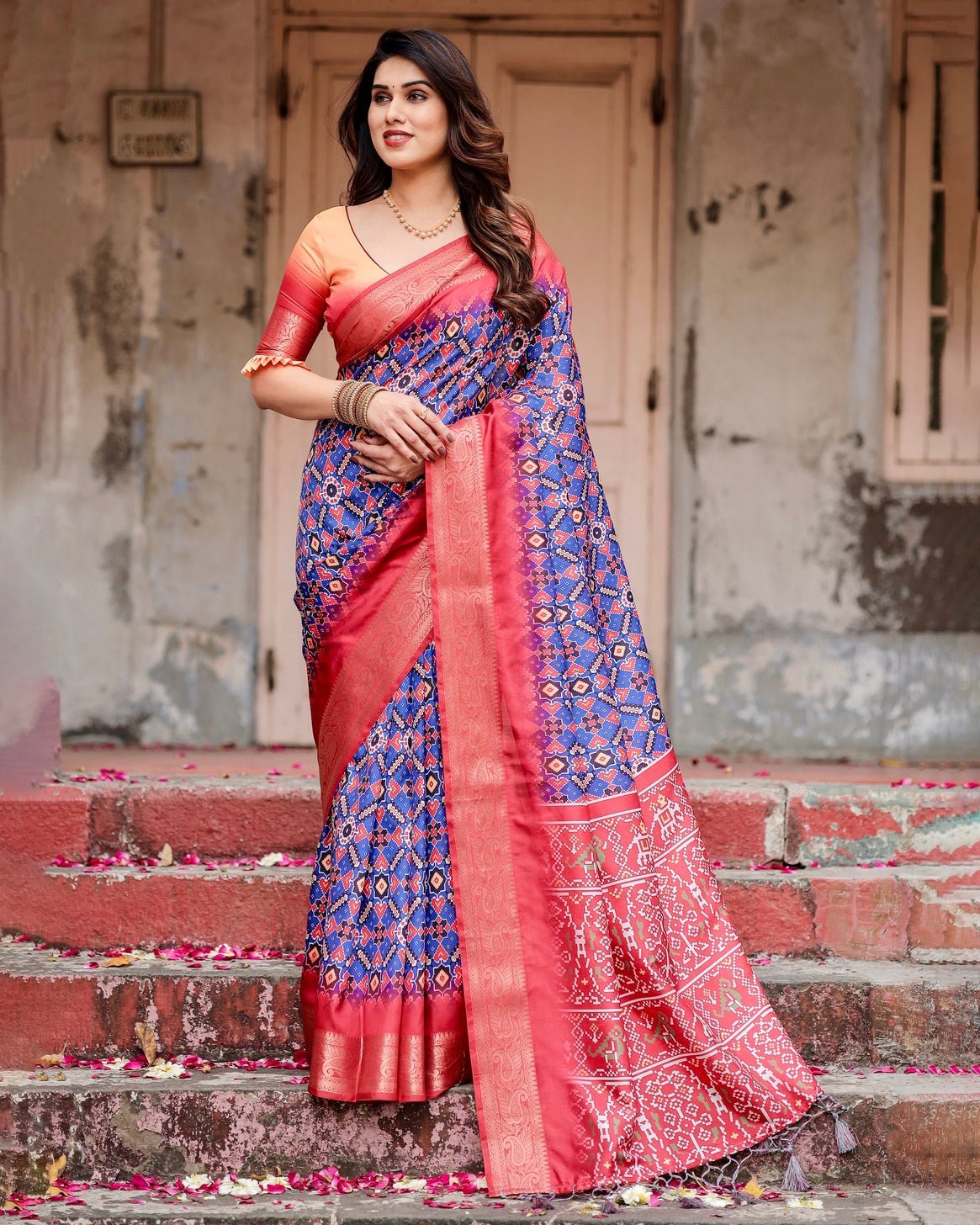 Royal Blue and Red Tussar Silk Saree with Geometric Patterns and Ornate Zari Border DIGITAL PRINT Main image