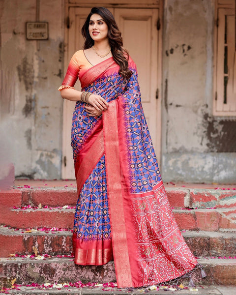 Royal Blue and Red Tussar Silk Saree with Geometric Patterns and Ornate Zari Border DIGITAL PRINT Main image
