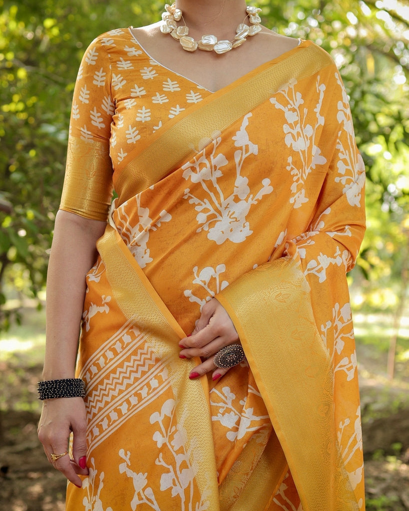Sunshine Yellow Tussar Silk Saree with White Floral Motifs, Lustrous Zari Border, and Graceful Tassel Pallu DIGITAL PRINT