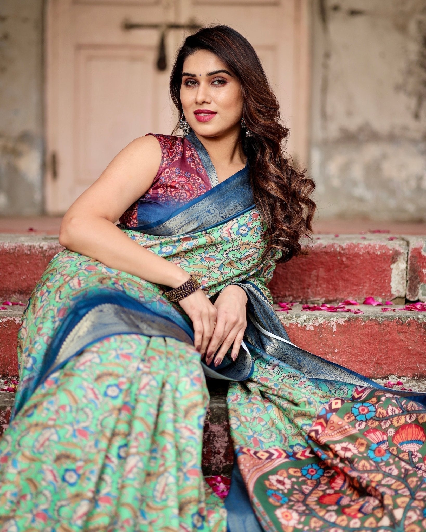 Majestic Blue and Green Digital Print Saree with Intricate Floral Motifs and Contrasting Pallu DIGITAL PRINT
