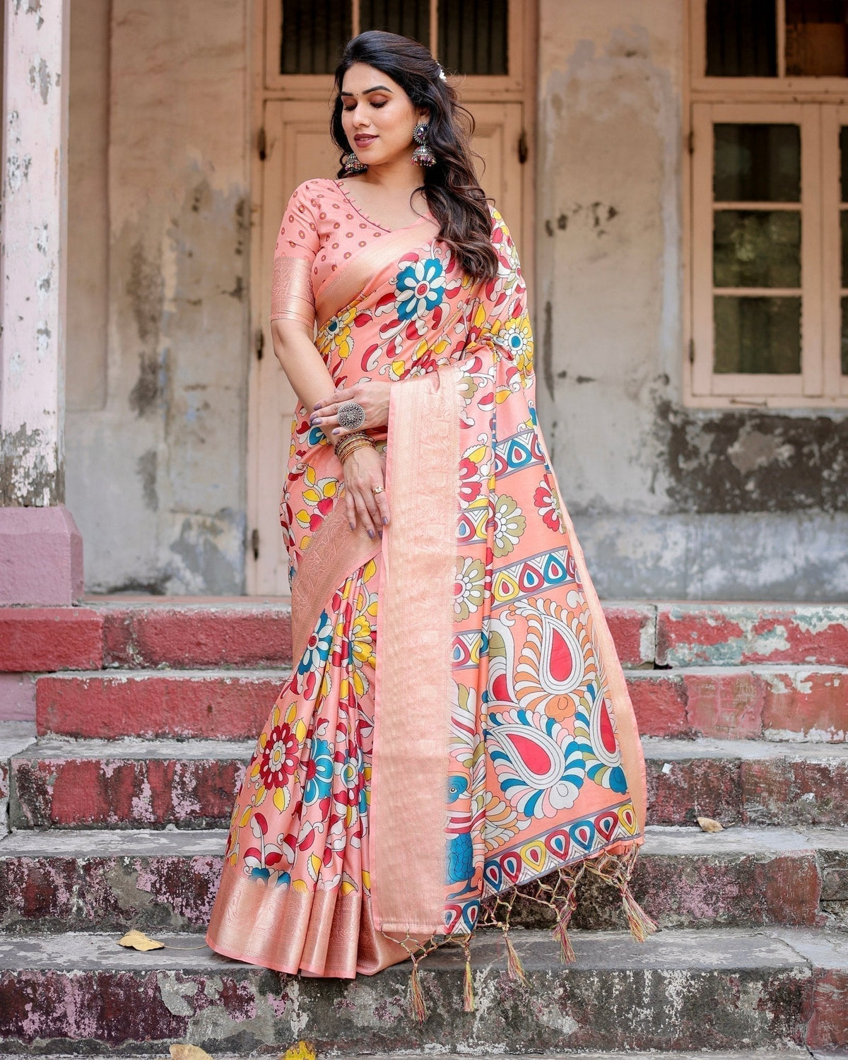 Peach Tussar Silk Saree with Vibrant Floral Kalamkari and Zari Highlights DIGITAL PRINT Main image