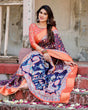 Load image into Gallery viewer, Navy Blue and Peach Tussar Silk Saree with Peacock Motifs and Floral Zari Border DIGITAL PRINT
