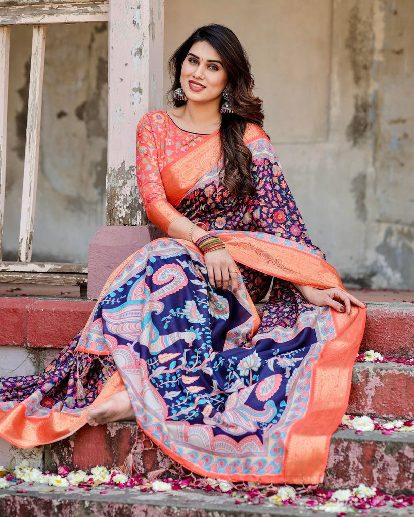 Navy Blue and Peach Tussar Silk Saree with Peacock Motifs and Floral Zari Border DIGITAL PRINT