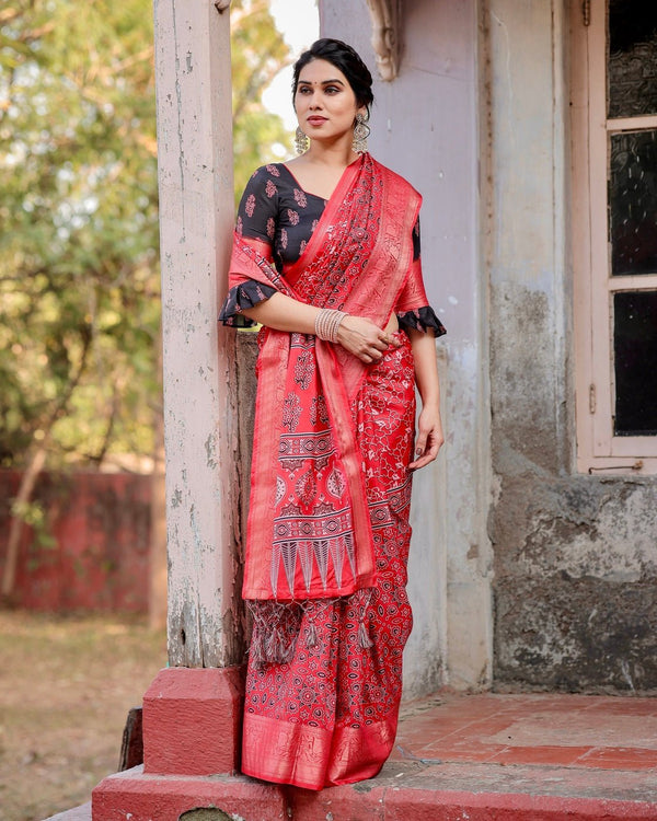 Fiery Red Tussar Silk Saree with Ornamental Motifs and Detailed Zari Pallu DIGITAL PRINT