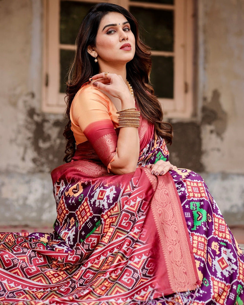 Wine Purple Tussar Silk Saree with Ikat-Inspired Patterns and Rich Zari Border DIGITAL PRINT