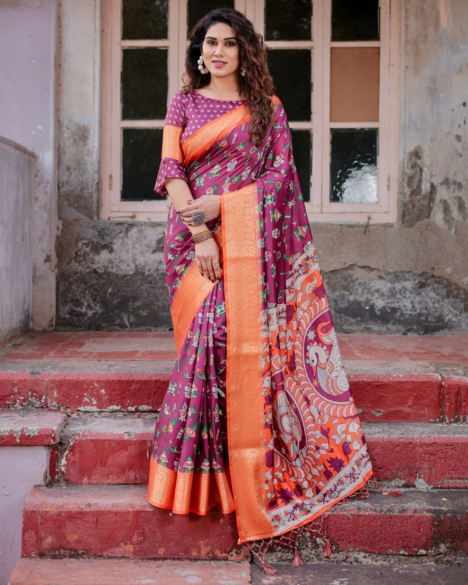 Wine Purple and Orange Tussar Silk Saree with Floral Motifs and Artistic Pallu DIGITAL PRINT
