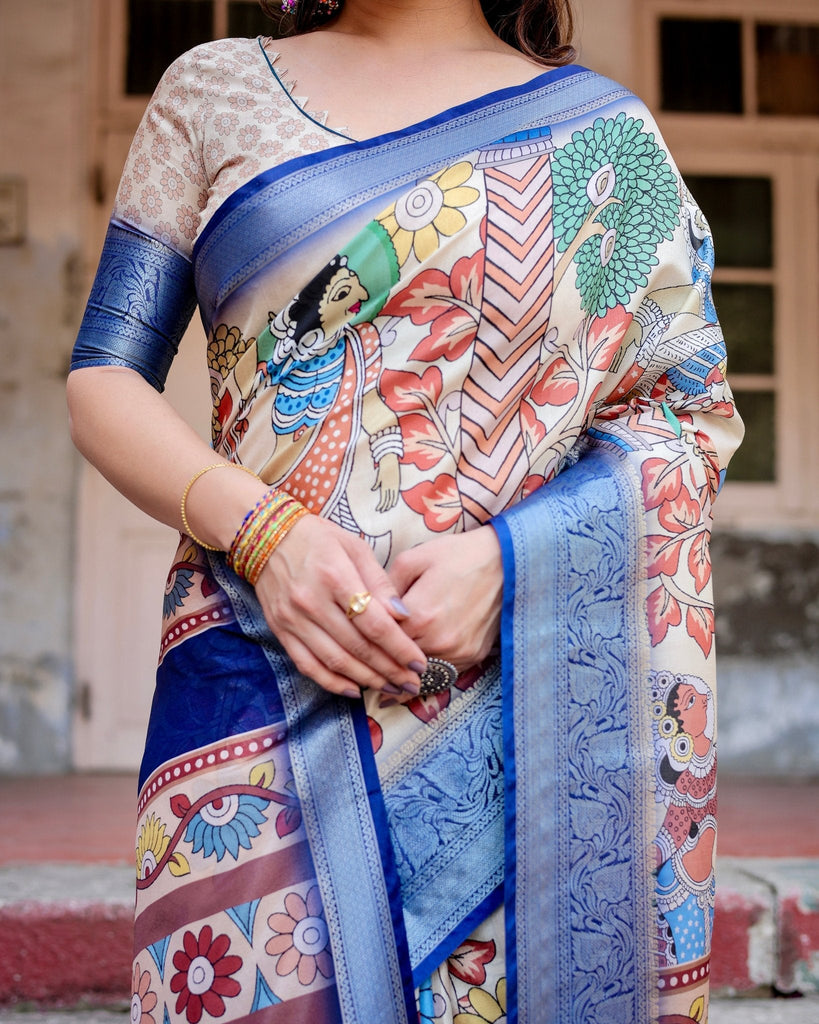 Multicolor Tussar Silk Saree with Artistic Floral Motifs and Traditional Blue Zari Border DIGITAL PRINT