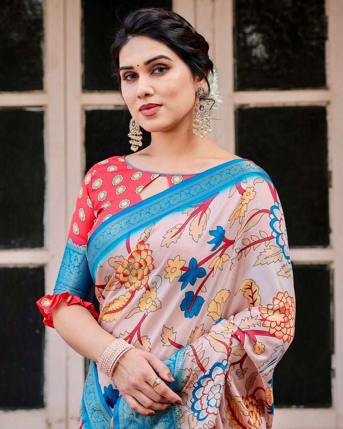 Beige and Red Tussar Silk Saree with Divine Motifs and Floral Zari Border DIGITAL PRINT