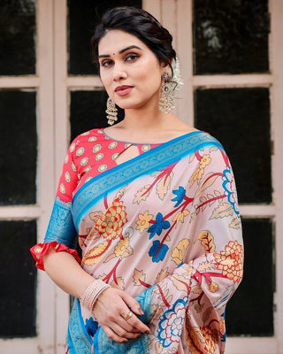 Beige and Red Tussar Silk Saree with Divine Motifs and Floral Zari Border DIGITAL PRINT