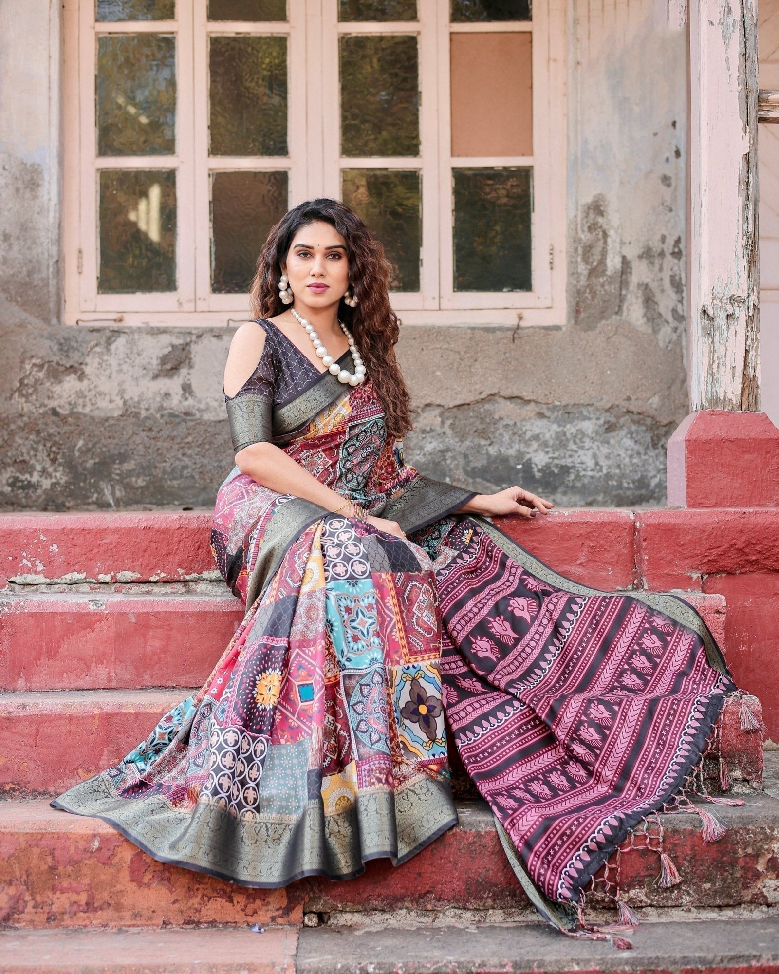 Multicolor Tussar Silk Saree with Ornamental Patchwork and Olive Zari Border DIGITAL PRINT