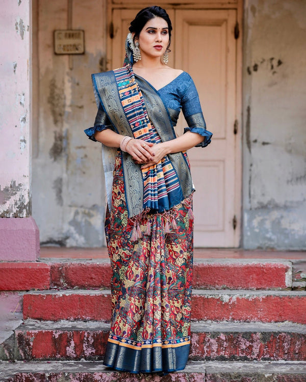 Multicolor Tussar Silk Saree with Vibrant Floral Weaves and Striped Pallu DIGITAL PRINT