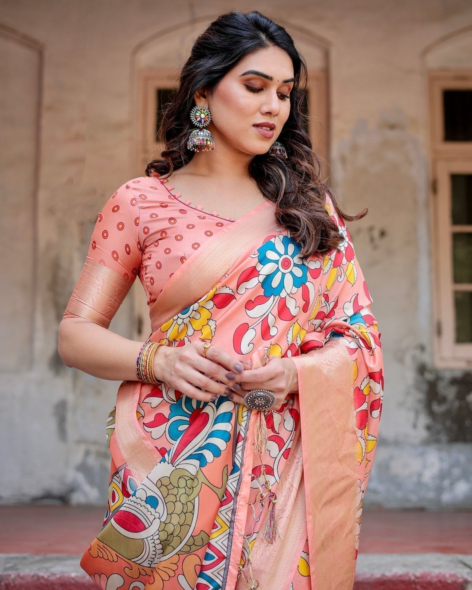 Peach Tussar Silk Saree with Vibrant Floral Kalamkari and Zari Highlights DIGITAL PRINT