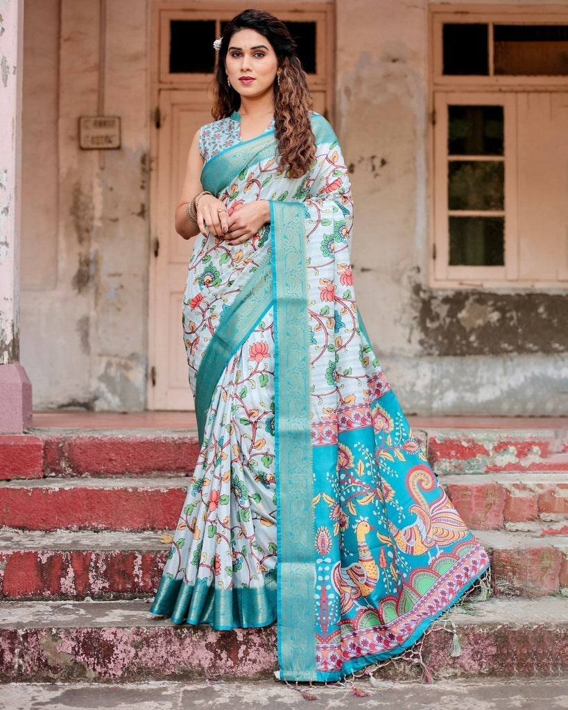 Sky Blue Tussar Silk Saree with Multicolor Floral Design and Zari Paisley Border DIGITAL PRINT