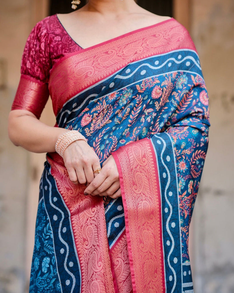 Teal Blue and Coral Tussar Silk Saree with Floral Weaves and Geometric Pallu DIGITAL PRINT