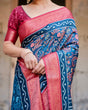 Load image into Gallery viewer, Teal Blue and Coral Tussar Silk Saree with Floral Weaves and Geometric Pallu DIGITAL PRINT