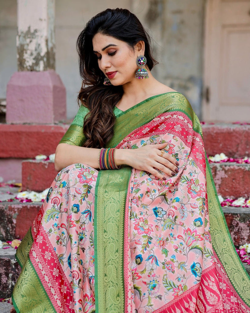 Blush Pink and Green Tussar Silk Saree with Floral Prints and Intricate Zari Work DIGITAL PRINT