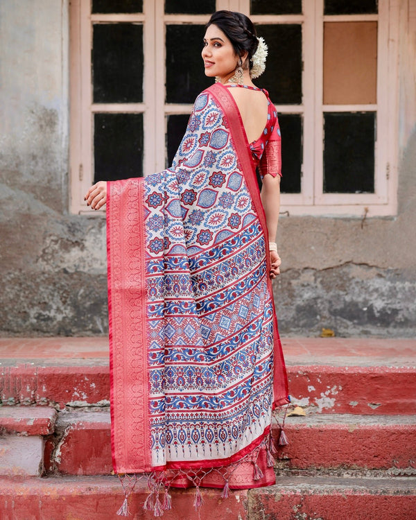 White and Red Tussar Silk Saree with Vibrant Floral Geometric Motifs and Ornamental Zari Border DIGITAL PRINT