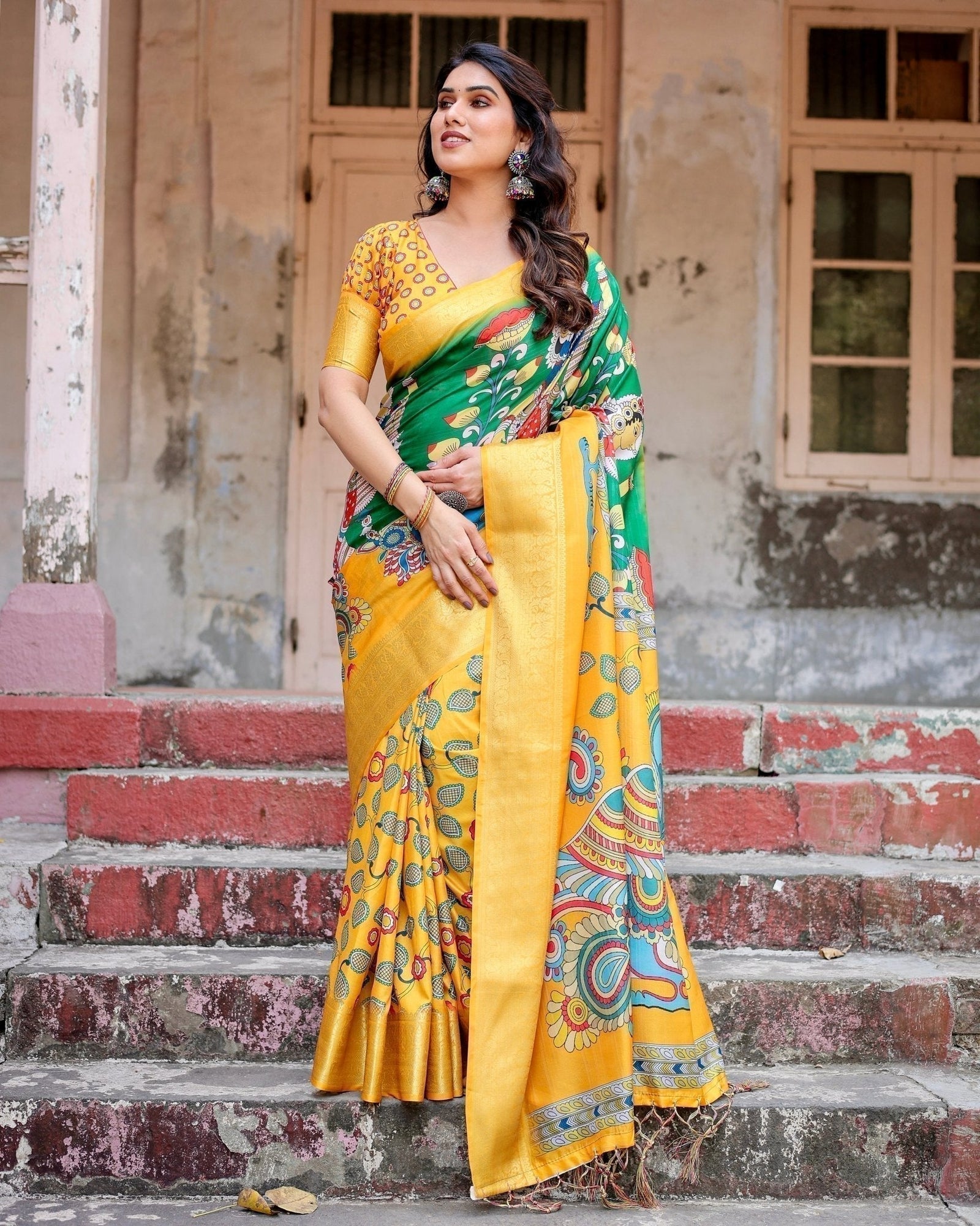 Golden Yellow Tussar Silk Saree with Vibrant Peacock Kalamkari Motifs DIGITAL PRINT