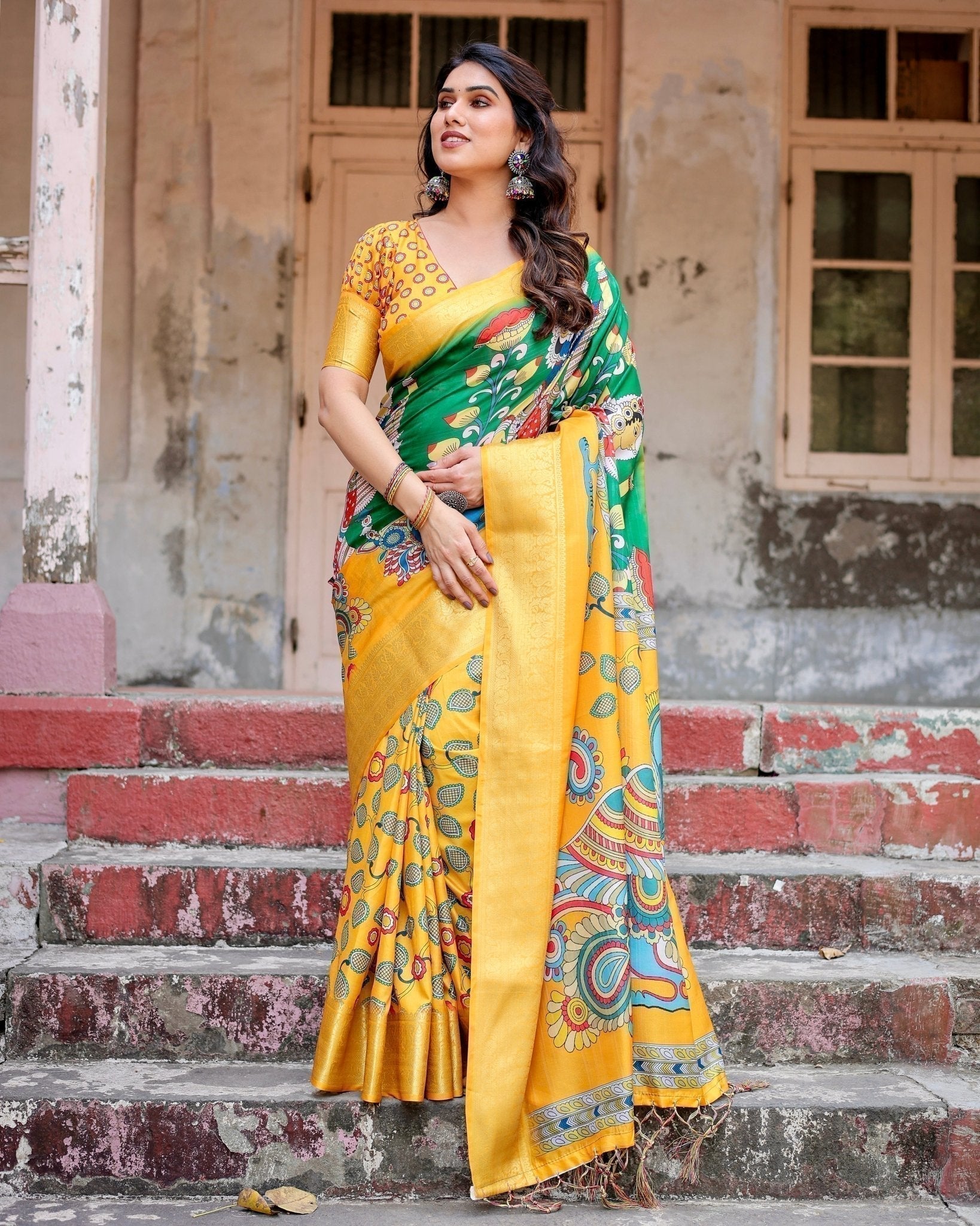 Golden Yellow Tussar Silk Saree with Vibrant Peacock Kalamkari Motifs DIGITAL PRINT Main image