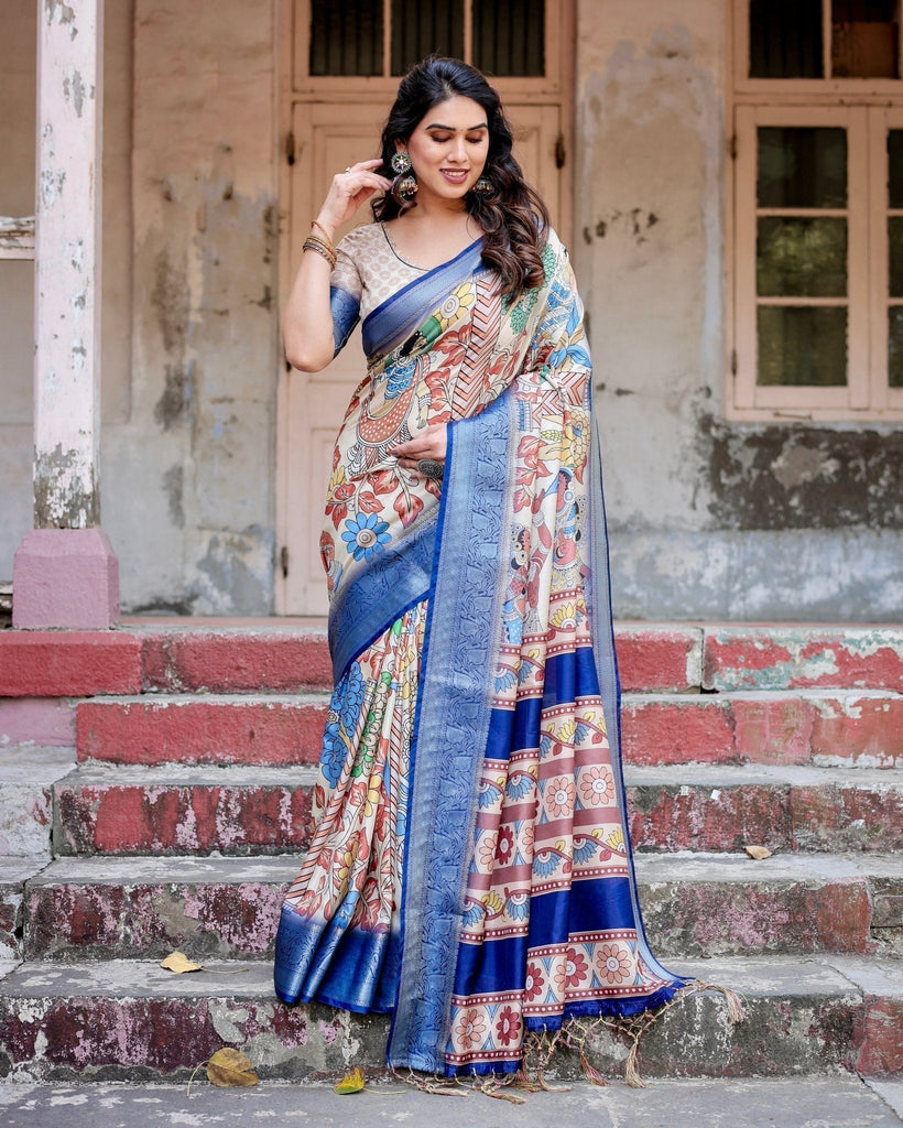 Multicolor Tussar Silk Saree with Artistic Floral Motifs and Traditional Blue Zari Border DIGITAL PRINT