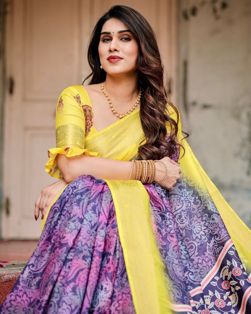 Purple and Yellow Tussar Silk Saree with Artistic Peacock Pallu and Zari Border DIGITAL PRINT